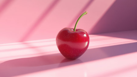 A striking red cherry rests on a soft pink surface, illuminated by gentle light and casting subtle shadows, perfect for food and lifestyle themes.の素材