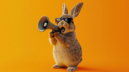 A cheerful bunny wearing stylish sunglasses and holding a megaphone stands against a bright orange background, symbolizing fun, excitement, and positivity in any design project.の素材