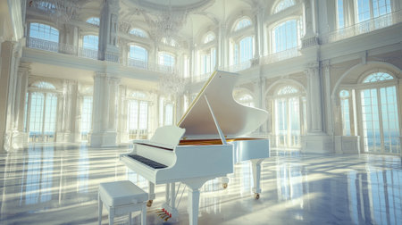 A stunning white grand piano positioned in an exquisite room filled with natural light, perfect for capturing musical elegance and creative inspiration.の素材
