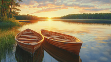 Enjoy a breathtaking sunset view over a calm lake with two wooden boats gently resting on the water's edge, surrounded by lush greenery and stunning reflections.の素材