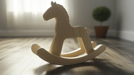 Charming wooden rocking horse toy in a warm indoor setting, showcasing simplicity and elegance. Perfect for children's playrooms or nurseries, promoting imagination.の素材