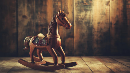 A beautifully crafted wooden rocking horse placed on a rustic wooden floor, highlighting themes of childhood nostalgia and timeless decor, perfect for any interior setting.の素材