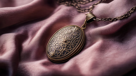 This exquisite vintage locket pendant showcases an intricate floral design, beautifully resting on soft silk fabric, evoking timeless elegance and charm perfect for any occasion.の素材