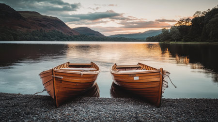 Two charming wooden rowboats sit peacefully at the tranquil lake shoreline, reflecting the stunning sunset and surrounding mountains, creating a serene nature scene.の素材