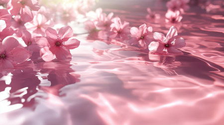 Beautiful pink cherry blossom petals rest gently on the water's surface, creating a tranquil scene. The soft reflections and warm light enhance the peaceful ambiance of nature.の素材