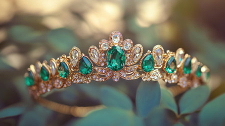 A stunning gold tiara adorned with emerald gems and sparkling diamonds, beautifully displayed among green leaves, ideal for elegant events or bridal occasions.の素材