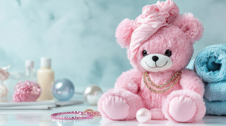 This charming pink teddy bear, adorned with accessories, brings warmth and joy. Perfect for children's rooms, gifts, or playful photography, it evokes a sense of happiness and comfort.の素材