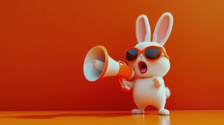 This playful rabbit character, outfitted in stylish sunglasses and holding a megaphone, adds a fun touch to marketing materials with its vibrant orange backdrop.の素材