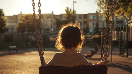 A young child sits on a swing, surrounded by the peaceful ambiance of a park at sunset, creating a beautiful silhouette that radiates joy and innocence.の素材