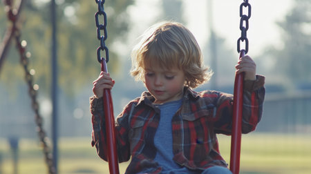 A young child swings joyfully in a vibrant park, embodying the essence of childhood playfulness and innocence against a backdrop of warm sunlight.の素材