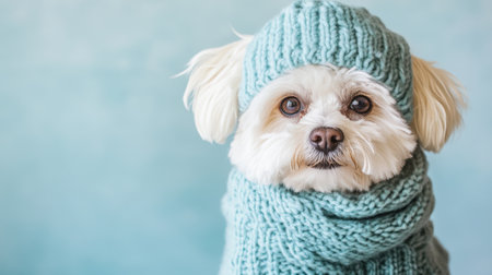 Charming portrait of a small dog dressed in a soft knit sweater and hat, radiating warmth and cuteness, ideal for winter-themed or pet fashion photography.の素材
