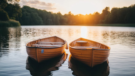 Enjoy the tranquility of two wooden boats floating peacefully on a serene lake under a stunning sunset, perfect for nature lovers and outdoor enthusiasts.の素材