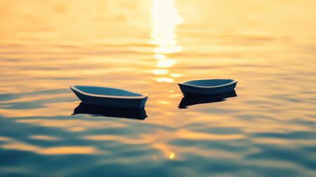 Experience tranquility with this beautiful image of two small boats floating gently on calm waters during a stunning sunset, creating a peaceful atmosphere perfect for relaxation.の素材