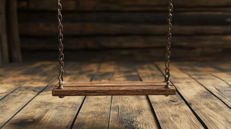 A serene wooden swing hangs gracefully in a cozy cabin, surrounded by rustic wooden walls and floors, creating a tranquil atmosphere perfect for relaxation and reflection.の素材
