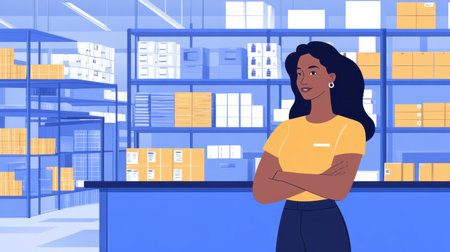 A confident woman stands in a warehouse environment, overseeing inventory with organized shelving and packaging materials, portraying professionalism and efficiency in logistics management.の素材