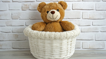 A delightful teddy bear comfortably seated in a white woven basket on a light brick background, ideal for enchanting children's spaces or heartwarming decor.の素材