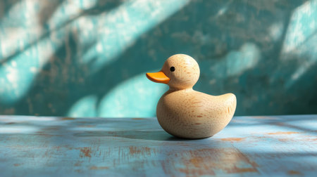 A delightful wooden duck figurine rests on a blue wooden surface, accented by soft shadows. Perfect for childrenの素材