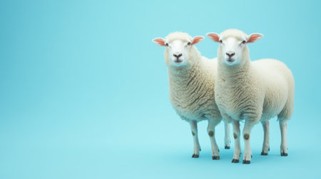 Two charming sheep stand together against a bright blue backdrop, highlighting their fluffy coats and friendly expressions, perfect for themes of agriculture and rural life.の素材
