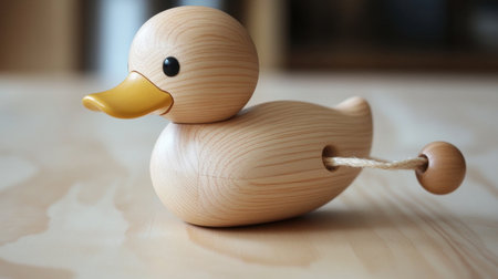 Delightful wooden toy duck designed for children, featuring a smooth finish and charming aesthetics. Perfect for playtime, nursery decor, and encouraging imaginative play.の素材