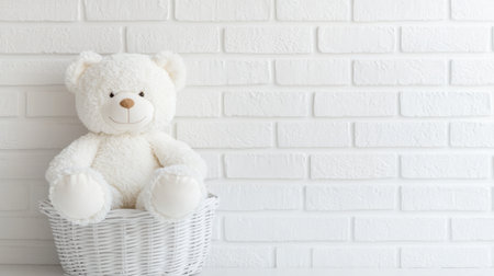 A charming white teddy bear rests comfortably in a woven basket, set against a clean and bright white brick wall, ideal for nursery or children's decor themes.の素材