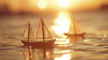 Experience tranquility with this beautiful image of two small sailboats gliding on calm water during sunset, capturing a moment of peace and natural beauty.の素材