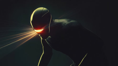A cybernetic figure in a sleek pose embodies innovation with a glowing visor, projecting energy in a dark space, symbolizing advanced technology and creativity.の素材