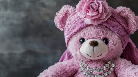 Charming pink teddy bear features a lovely flower headwrap and shimmering necklace, making it an ideal choice for gifts or delightful decor in children's spaces.の素材