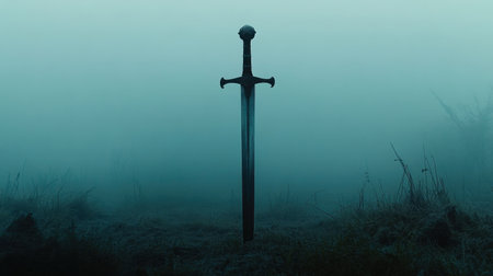 A solitary sword rises from the mist-covered ground, surrounded by a tranquil yet eerie atmosphere that ignites the imagination and evokes stories of bravery and ancient quests.の素材