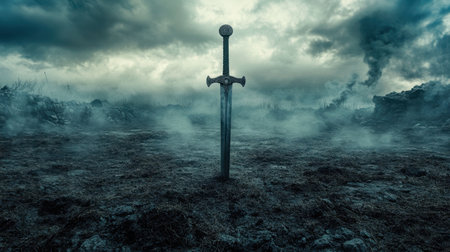 A striking scene featuring a sword standing alone in fog and smoke, set against a tumultuous sky, representing themes of bravery, solitude, and ancient legends.の素材