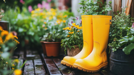 A cheerful pair of yellow rubber boots sits on a wooden garden path, surrounded by lush greenery and vibrant flowers, capturing the essence of spring gardening delight.の素材