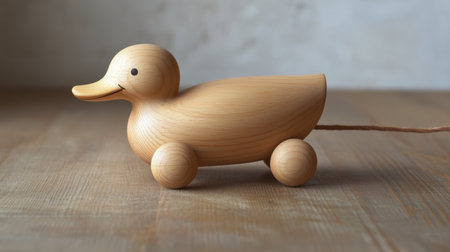 Adorable wooden duck toy on wheels, featuring a smooth finish and cheerful design, perfect for children's playtime or as a charming decorative piece in any home.の素材