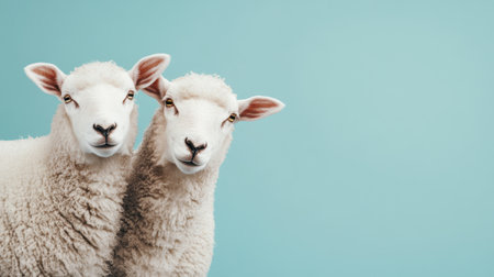 A charming image featuring two sheep curiously looking at the viewer, set against a soft blue background that adds a refreshing touch to their delightful expression.の素材
