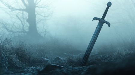 A mystical scene featuring a sword embedded in the ground within a foggy landscape, surrounded by bare trees and grass, evoking a sense of adventure and mystery.の素材