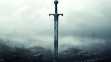 A stunning sword rises from a misty ground, capturing a sense of mystery and adventure, evoking themes of courage and the epic history of legendary battles.の素材