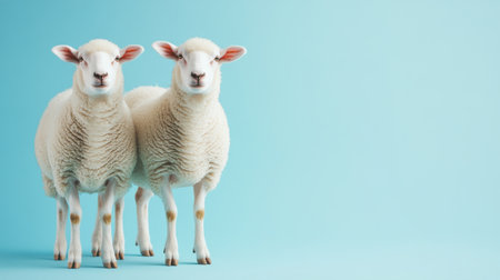 A charming image featuring two fluffy sheep standing side by side against a vibrant blue background, embodying the innocence and warmth of farm life in a delightful and playful manner.の素材