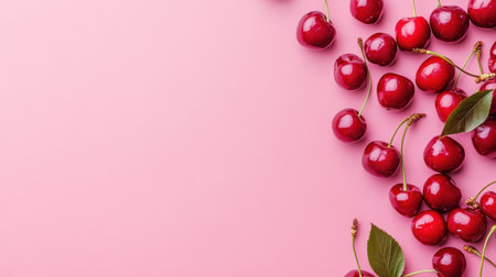 A visually appealing arrangement of fresh red cherries on a soft pink background, highlighting the vibrant colors and inviting texture of these juicy summer fruits. Perfect for various uses.の素材