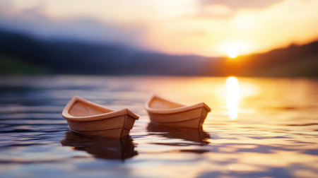 A tranquil scene of two wooden boats floating on a serene lake at sunset, with warm golden light reflecting off the water, creating a peaceful atmosphere.の素材