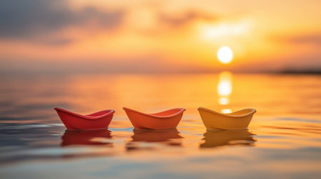 Colorful toy boats drift gently on the water as the sun sets, casting warm hues across the sky and creating a peaceful and tranquil atmosphere perfect for relaxation.の素材