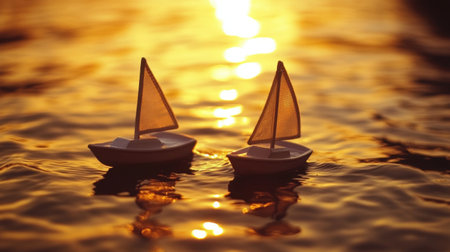 Two small model sailboats float gently on shimmering water reflecting a warm sunset, creating a serene atmosphere perfect for relaxation and contemplation.の素材