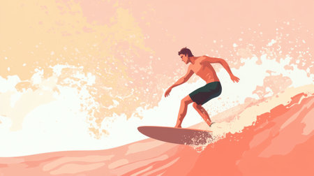 A vibrant illustration of a male surfer skillfully riding a dynamic wave at sunset, capturing the essence of adventure and thrill in a tropical beach setting.の素材