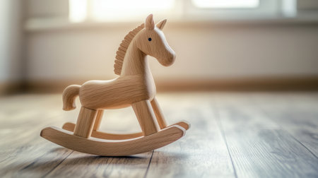 A delightful wooden rocking horse positioned on a well-lit wooden floor, ideal for children's play and nursery decor, evoking warmth and nostalgia in any space.の素材
