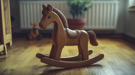 A beautifully crafted wooden rocking horse toy positioned in a cozy indoor room, ideal for adding charm and nostalgic warmth to any children's space, sparking joy and imagination.の素材