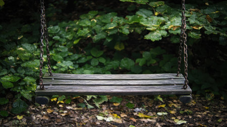 A charming wooden swing sways gently amid vibrant green foliage, offering a peaceful escape in a natural setting, perfect for relaxation and contemplation.の素材