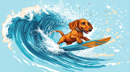 Delightful illustration of a cheerful dog surfing a vibrant wave, embodying the spirit of summer fun and adventure on the beach, perfect for animal lovers and surf enthusiasts.の素材