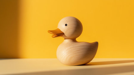 A delightful wooden duck toy sits against a vibrant yellow background, embodying simplicity and charm. Ideal for childrenの素材
