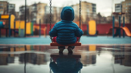 A child sits alone on a swing at a playground after rain, surrounded by puddles reflecting the cityscape, capturing a moment of childhood joy and solitude.の素材