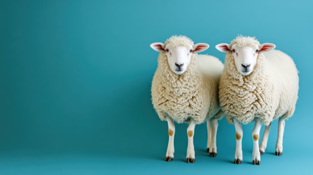 This image features two adorable sheep standing together against a vibrant turquoise background, embodying the charm of farm life and the beauty of nature's creatures.の素材