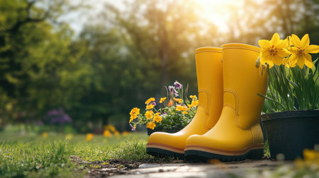 A pair of bright yellow rubber boots sits beside beautiful flowers in a sunlit garden, symbolizing joy and inspiration for gardening enthusiasts and outdoor lovers.の素材