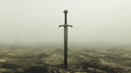This captivating image features a majestic sword surrounded by mist, standing firm in a mysterious landscape. Its presence evokes feelings of adventure and historical significance.の素材