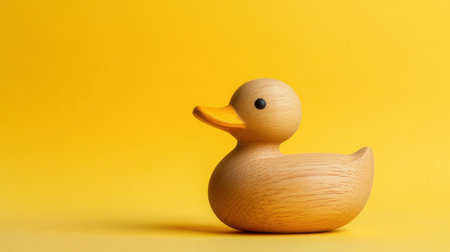 Charming wooden duck toy against a bright yellow background, perfect for evoking feelings of joy and nostalgia. An ideal choice for children's products or playful marketing.の素材